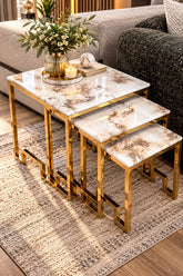 Ct162 Set Of 3 Flower Table Marble Top Stainless Steel Gold Base