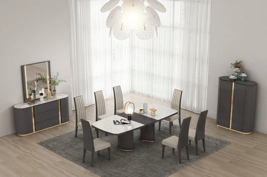 Juniper Modern Luxury Dining Table in graphite, white and gold, styled in a dining room by Quality Rugs and Furniture Sydney