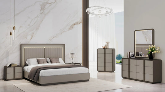 Noah luxury grey bedroom suite with king bed in a full room setting - Quality Rugs and Furniture Sydney