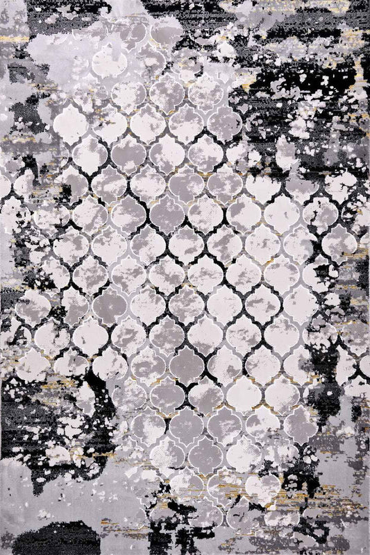 Marmaris E547B grey and gold modern area rug styled in a living room - Quality Rugs and Furniture Sydney