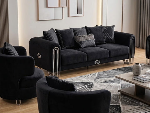 Sehrazat black silver sofa set detail view