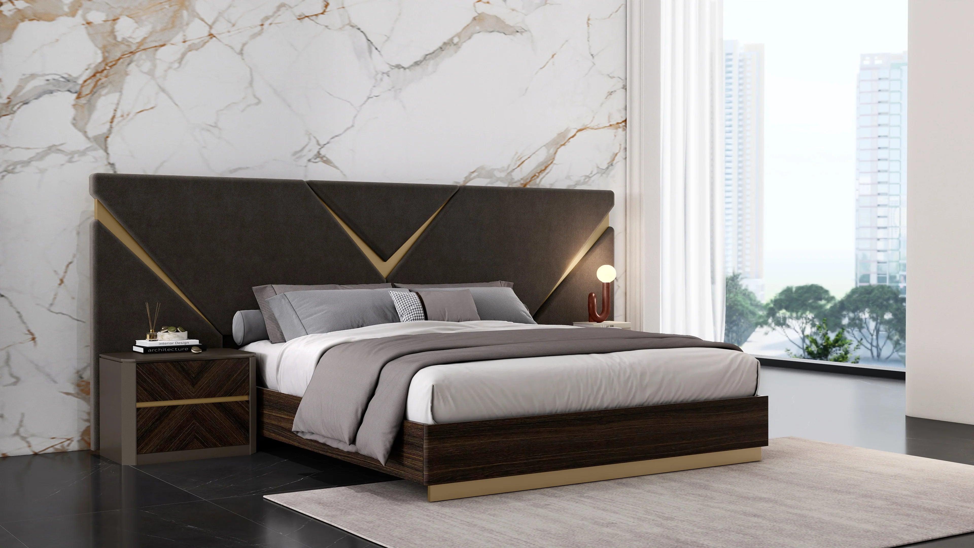 Elizabeth black oak bedroom suite with bed and two nightstands