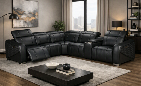 Vellin Modern Corner Electric Recliner Genuine Leather Sofa Set Black