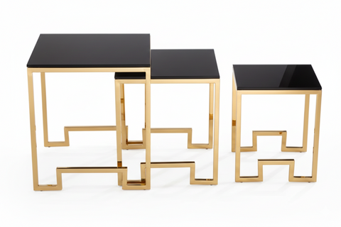 Set Of 3 Ct162 Side Table Stainless Steel Base Tempered Glass Top Black Gold