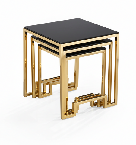 Set Of 3 Ct162 Side Table Stainless Steel Base Tempered Glass Top Black Gold