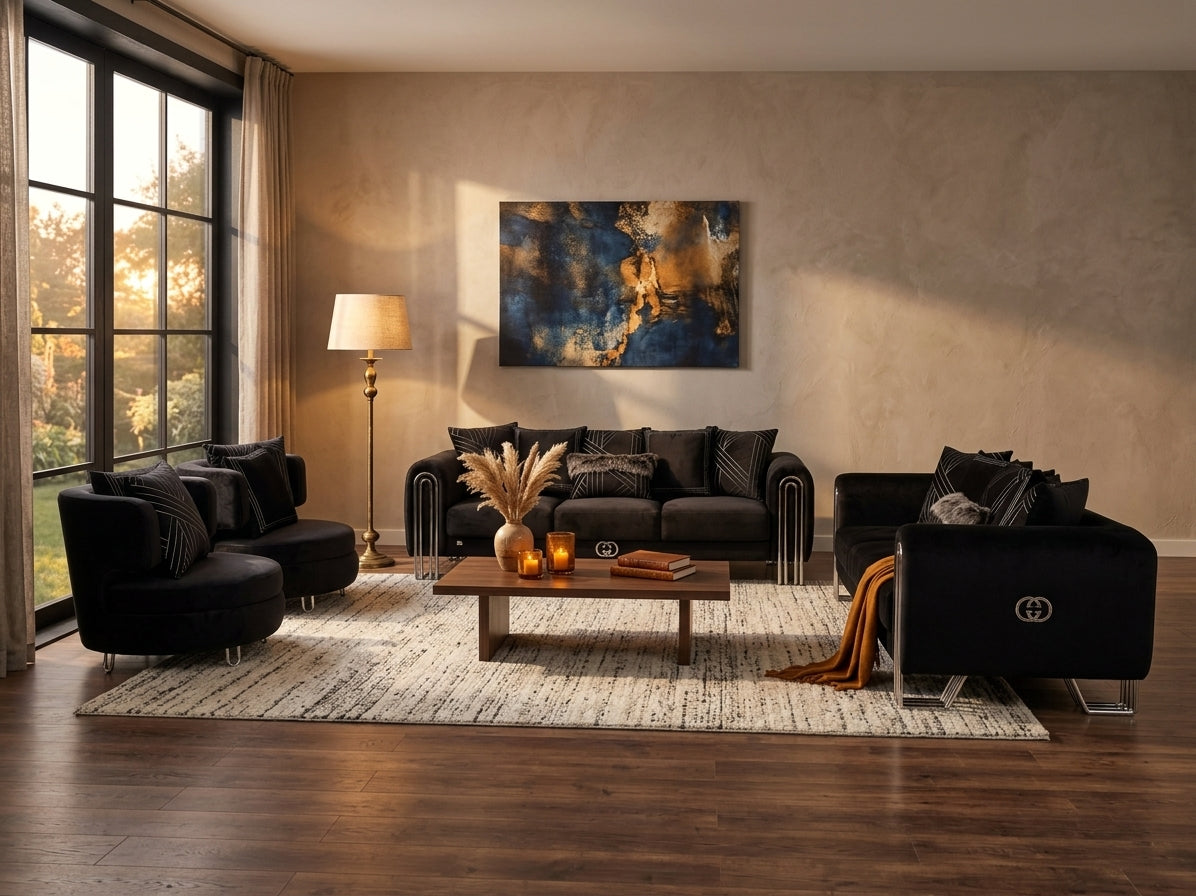 Sehrazat black and silver luxury velvet sofa set