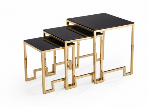 Set Of 3 Ct162 Side Table Stainless Steel Base Tempered Glass Top Black Gold