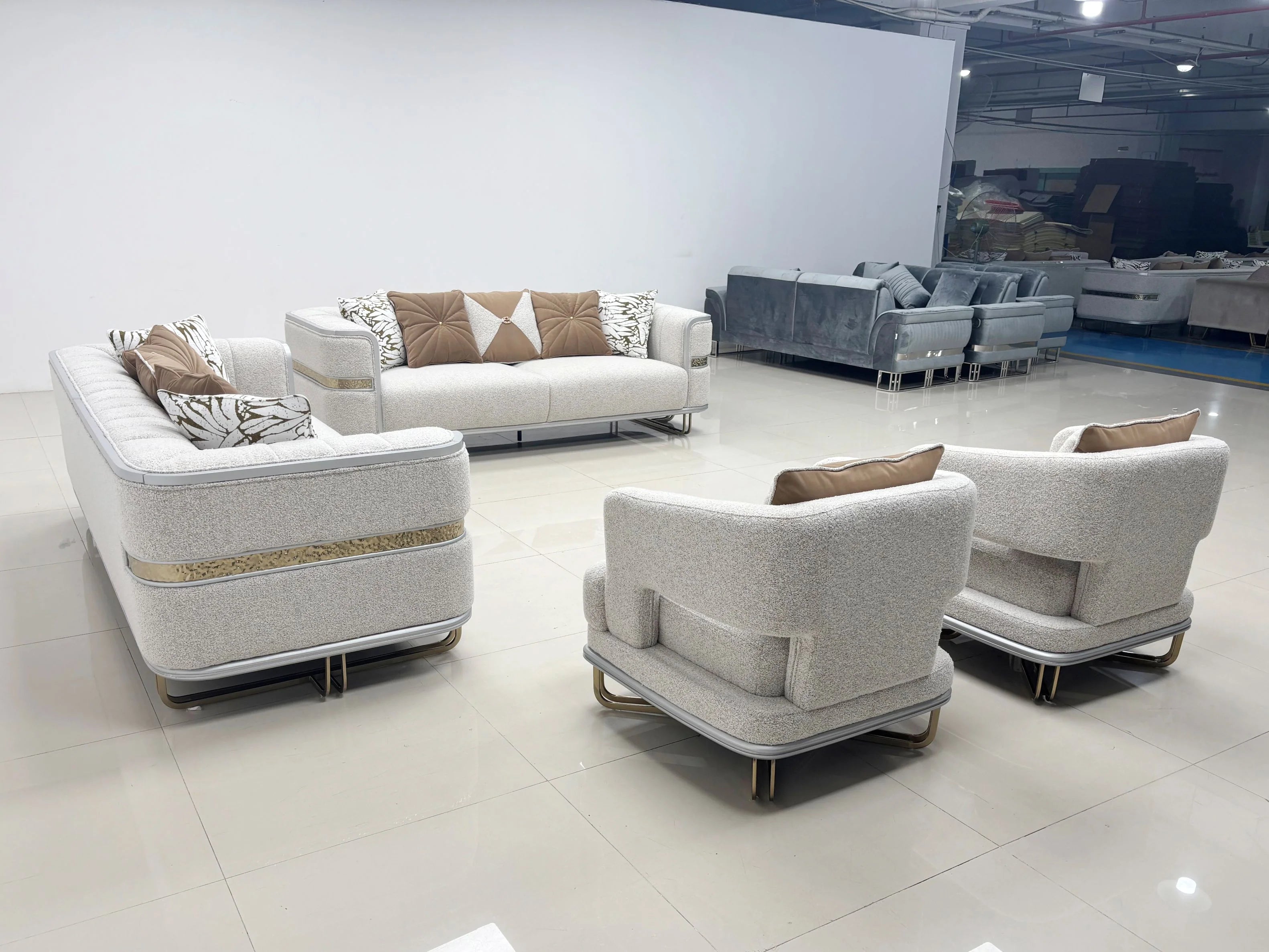 Fraser beige velvet sofa set armchair detail