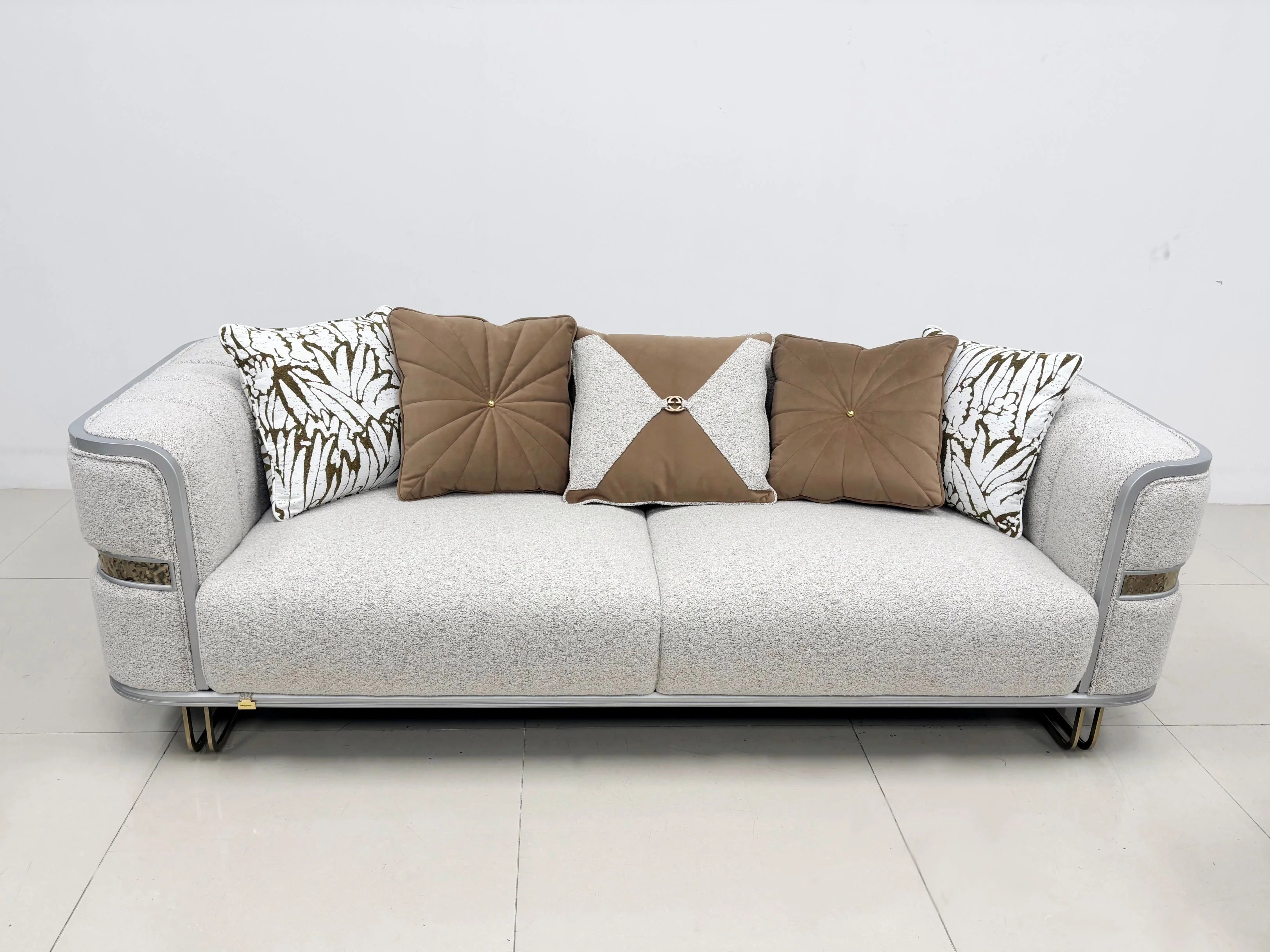 Fraser beige velvet sofa set fabric close-up