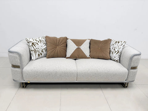 Fraser beige velvet sofa set fabric close-up