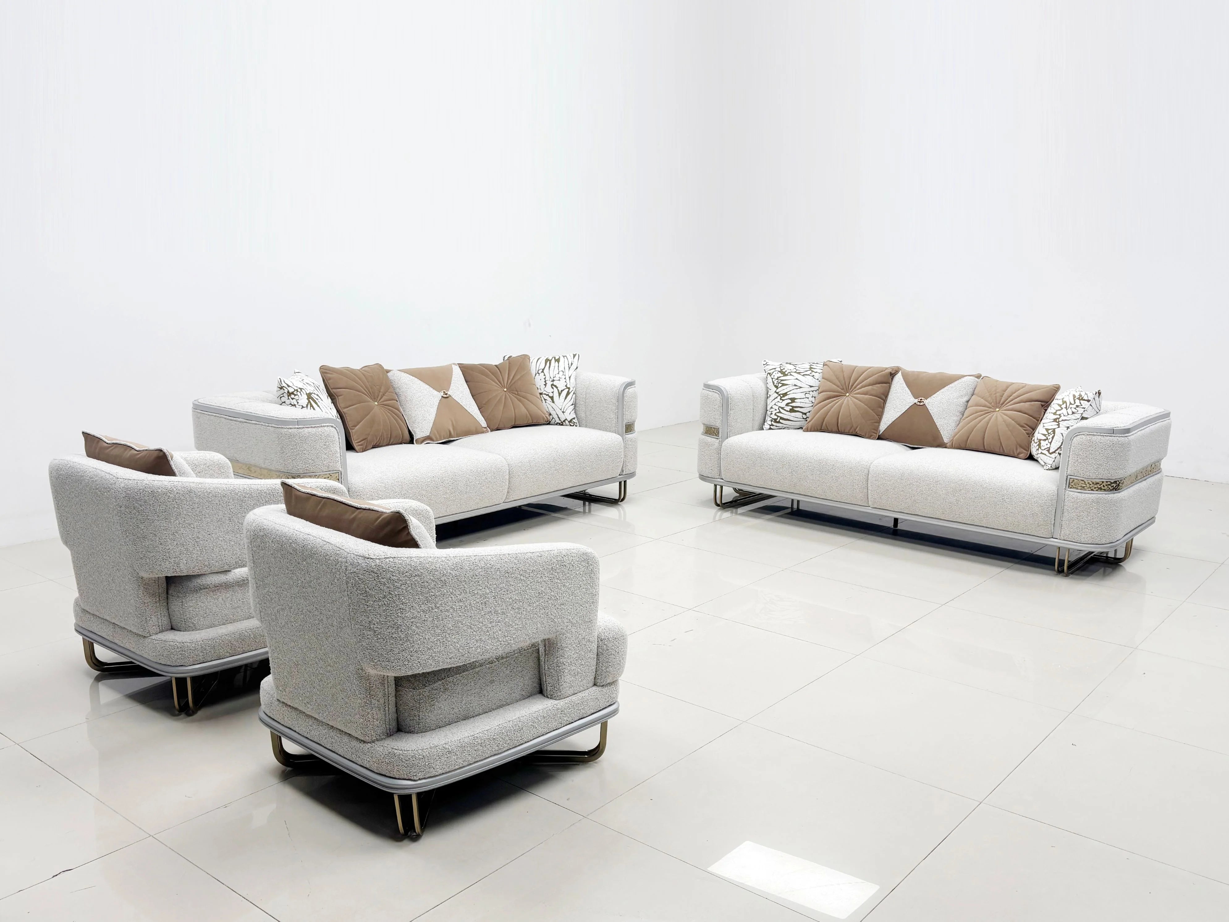 Fraser beige velvet sofa set full room setting