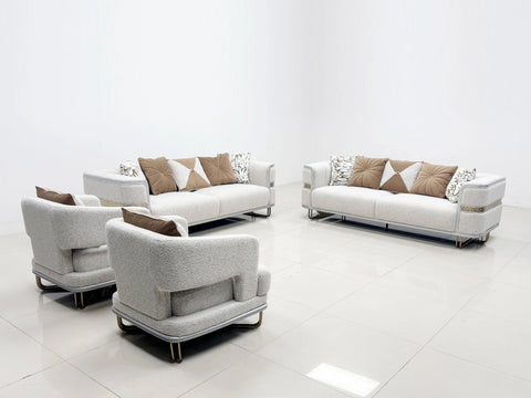 Fraser beige velvet sofa set full room setting