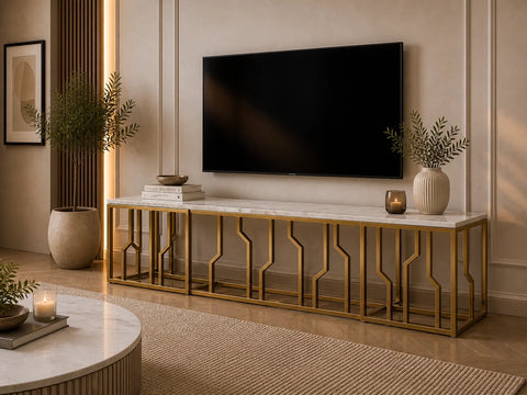 Kaia Stainless Steel Base Marble Top Tv Unit Gold