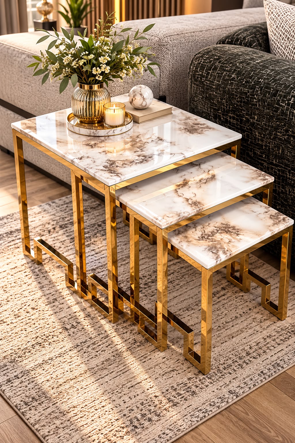 Ct162 Set Of 3 Flower Table Marble Top Stainless Steel Gold Base
