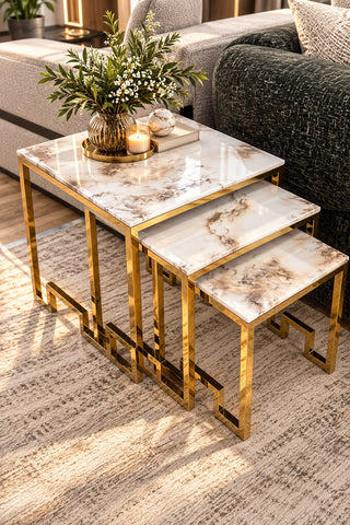 Ct162 Set Of 3 Flower Table Marble Top Stainless Steel Gold Base
