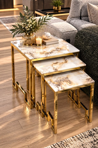 Ct162 Set Of 3 Flower Table Marble Top Stainless Steel Gold Base