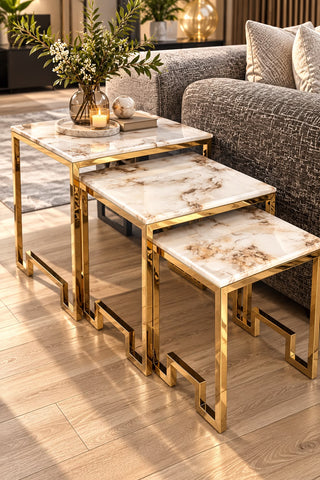 Ct162 Set Of 3 Flower Table Marble Top Stainless Steel Gold Base