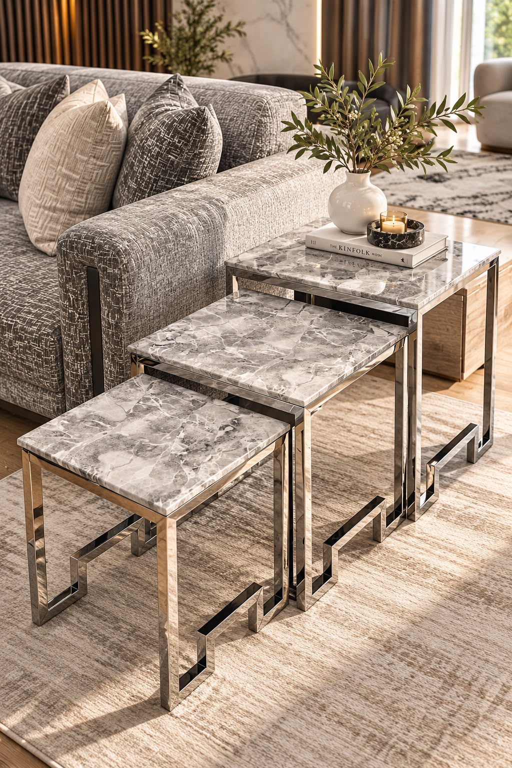 Ct162 Flower Table Grey Marble Stainless Steel Silver Base