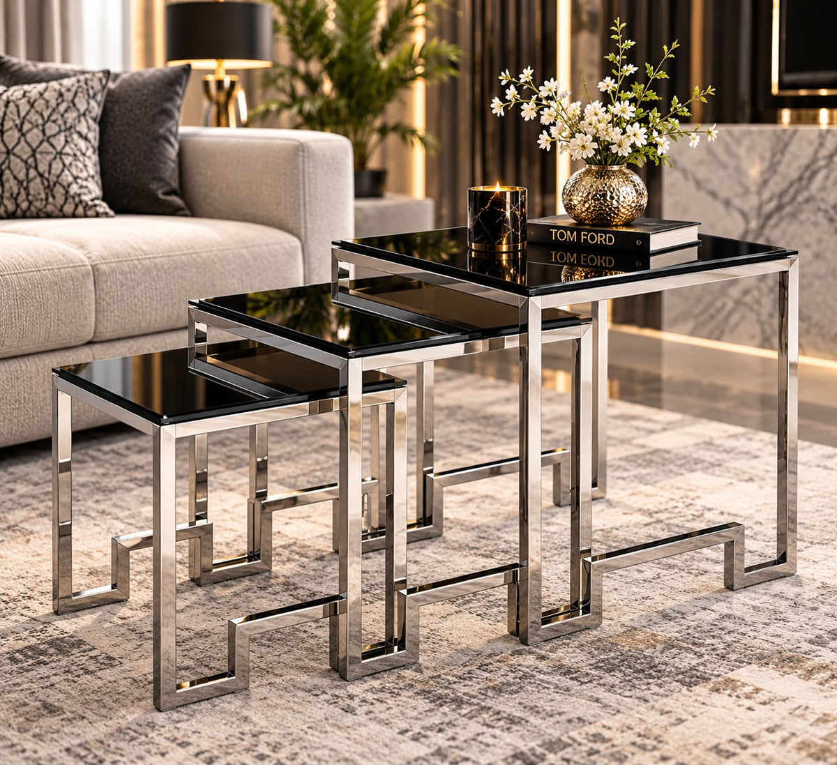 Ct162 Flower Table Black Tempered Glass Stainless Steel Silver Base