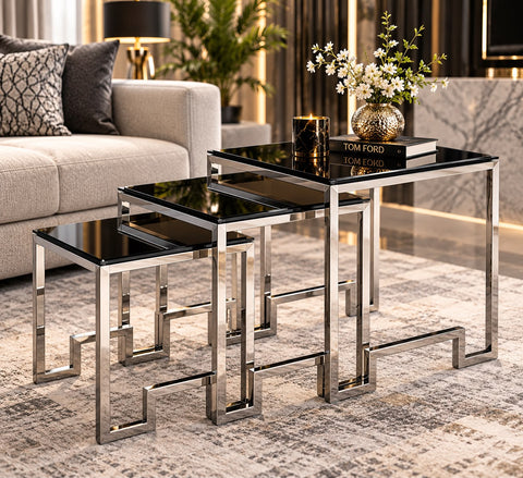 Ct162 Flower Table Black Tempered Glass Stainless Steel Silver Base