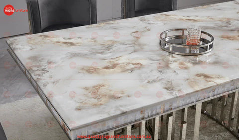 New Stela Dining Table Marble Top Stainless Steel Base Silver