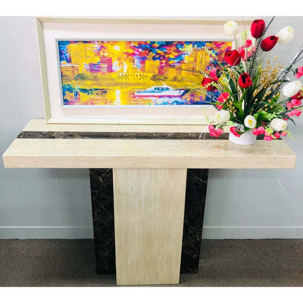 Newcastle Console Hallway Table Marble Top And Marble Base Cream Brown