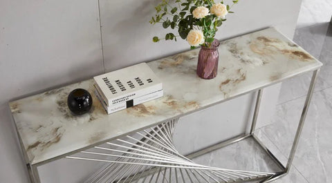 Spiral Console Hallway Table Stainless Steel Base Marble Top Silver