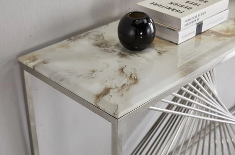 Spiral Console Hallway Table Stainless Steel Base Marble Top Silver