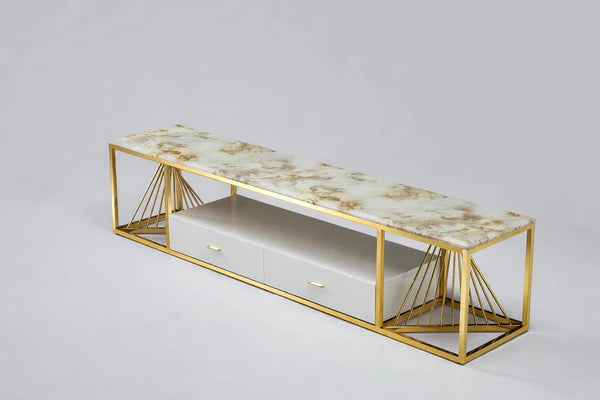 Spiral Tv Unit Stainless Steel Base Marble Top Gold