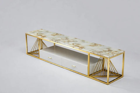 Spiral Tv Unit Stainless Steel Base Marble Top Gold
